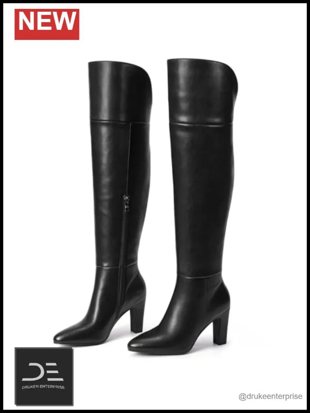 Faux Leather Thigh High Boots with Chunky Heel, Pointed Toe, Side Zipper, Over